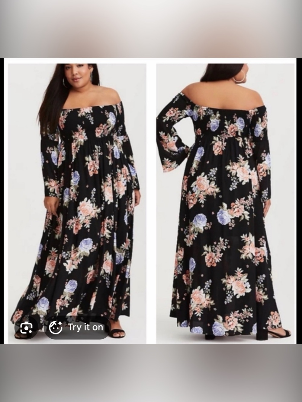 Black Peach Blue Floral Challis Off Shoulder Maxi Dress torrid 2x plus - Picture 5 of 9